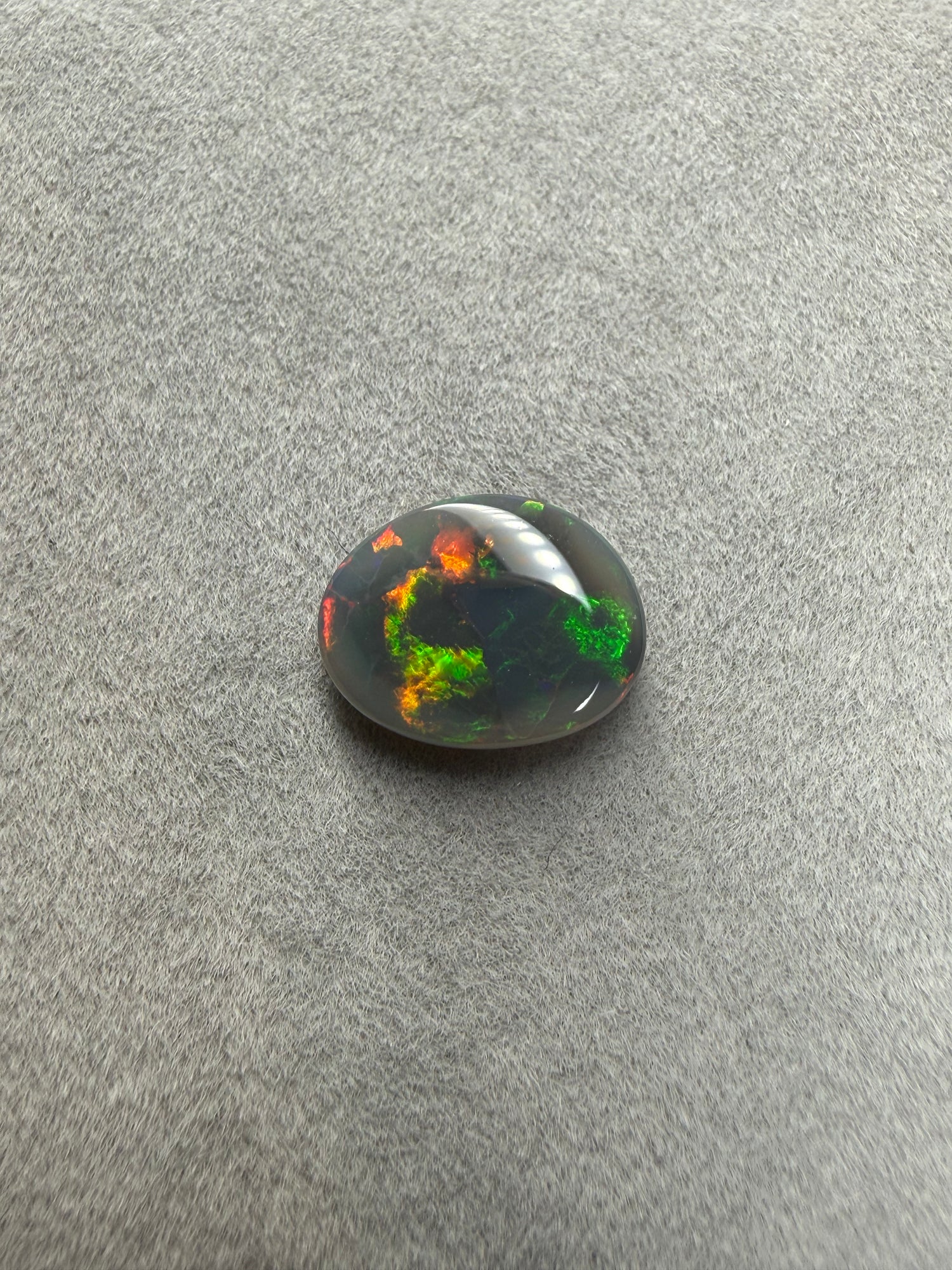 Lightning Ridge Dark Opal 1,8 ct in Freiform mit grünem, rotem und orangem Farbspiel.